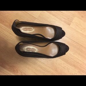 Brown Suede/leather stripe platform/open toe.